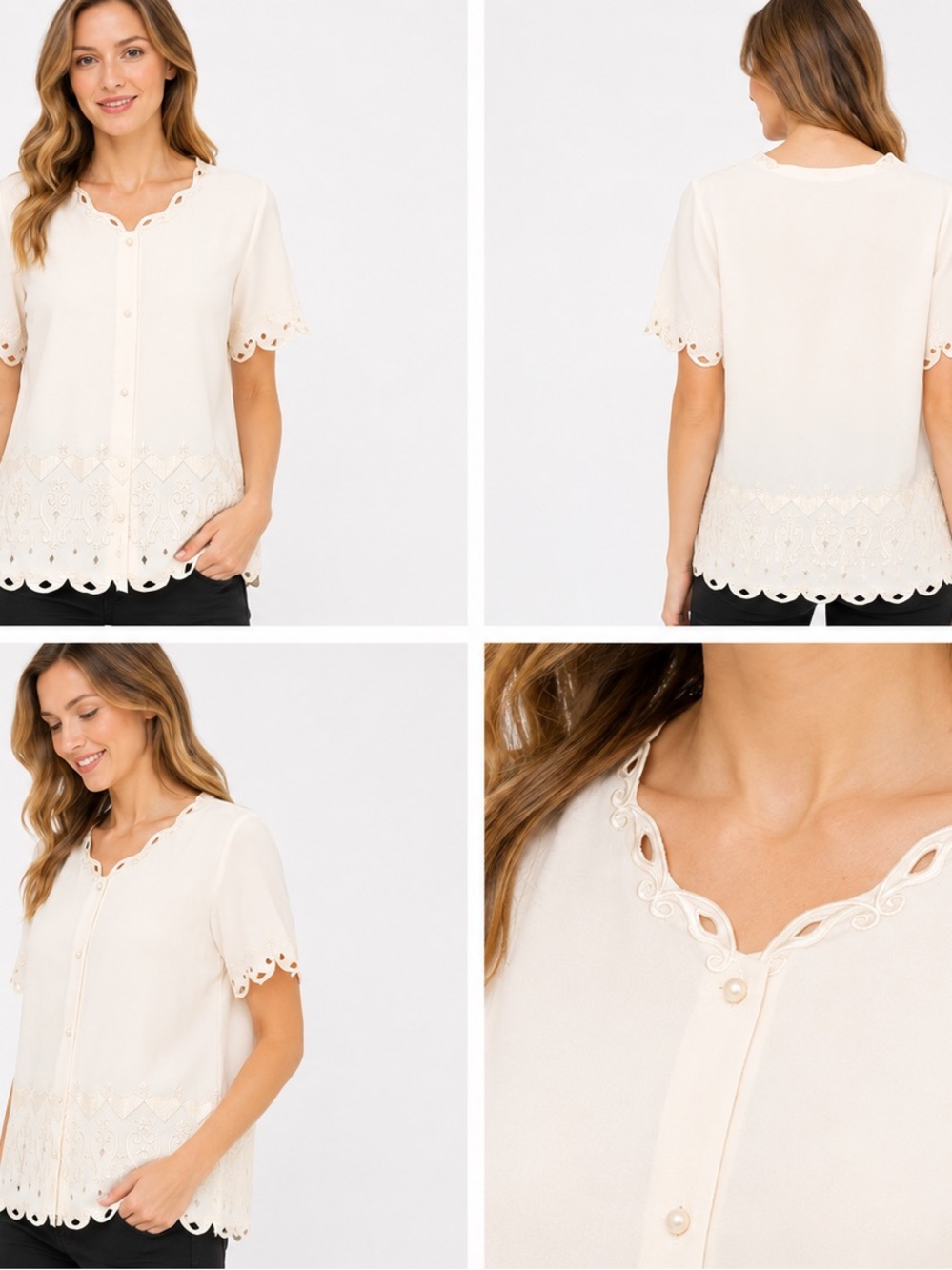 Women's Cream Eyelet-Trim Button Front Blouse by Ship n Shore, Size 8